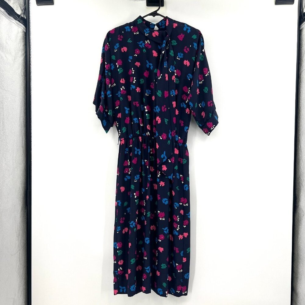 Vintage Breli Original Navy Floral Print Half Sleeve Midi Dress Womens 10
